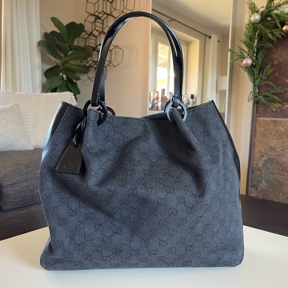 Gucci Black Denim GG Canvas Leather Tote Bag